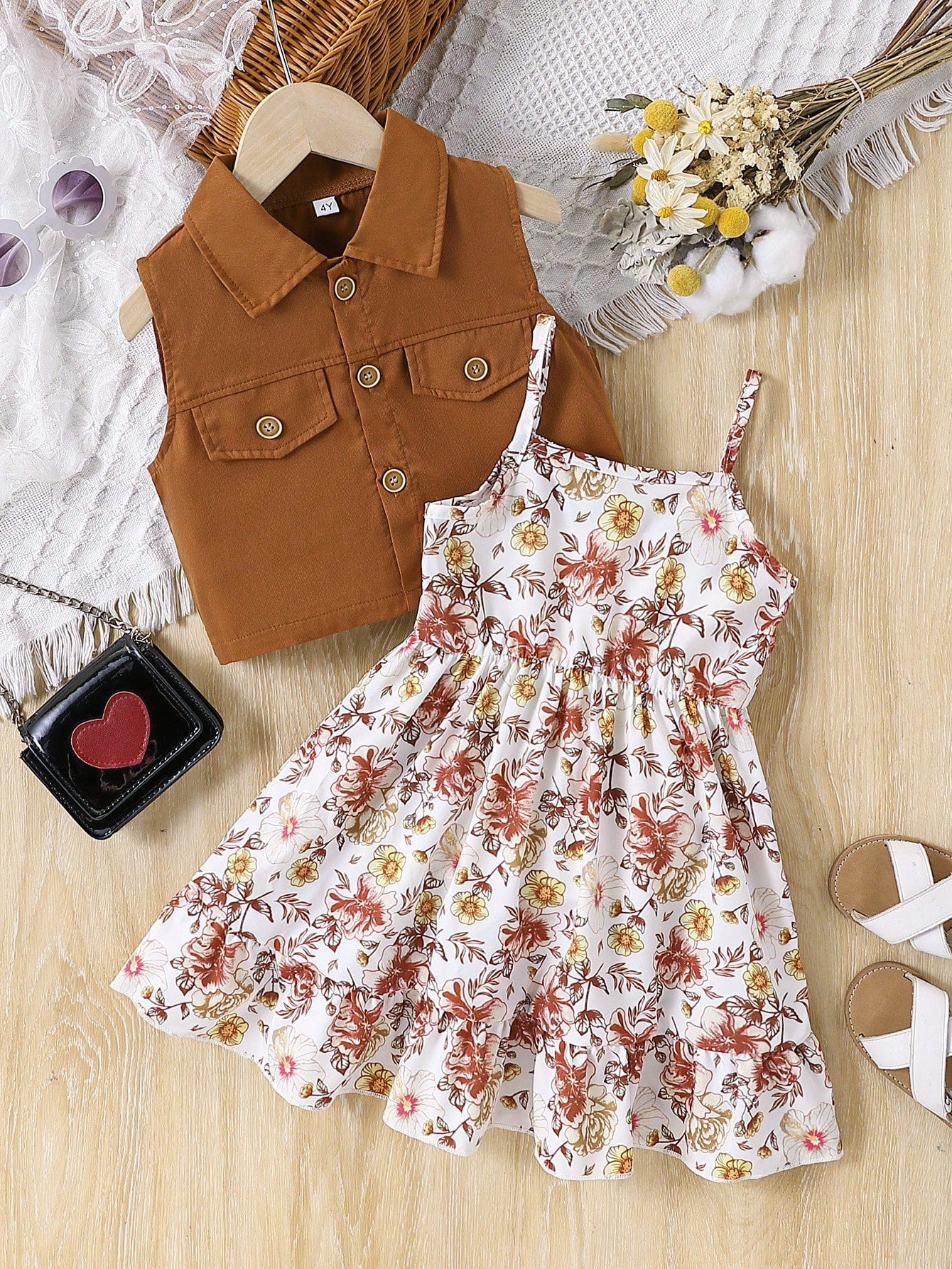 2pcs Young Girls' Casual Solid Color Sleeveless Short Shirt Jacket And Floral Allover Print Dress Set Brown 2