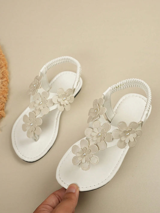 Girls' Sandals Summer New Handmade Bead Flower Design Round Toe Flat