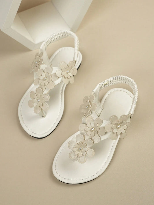 Girls' Sandals Summer New Handmade Bead Flower Design Round Toe Flat Beige