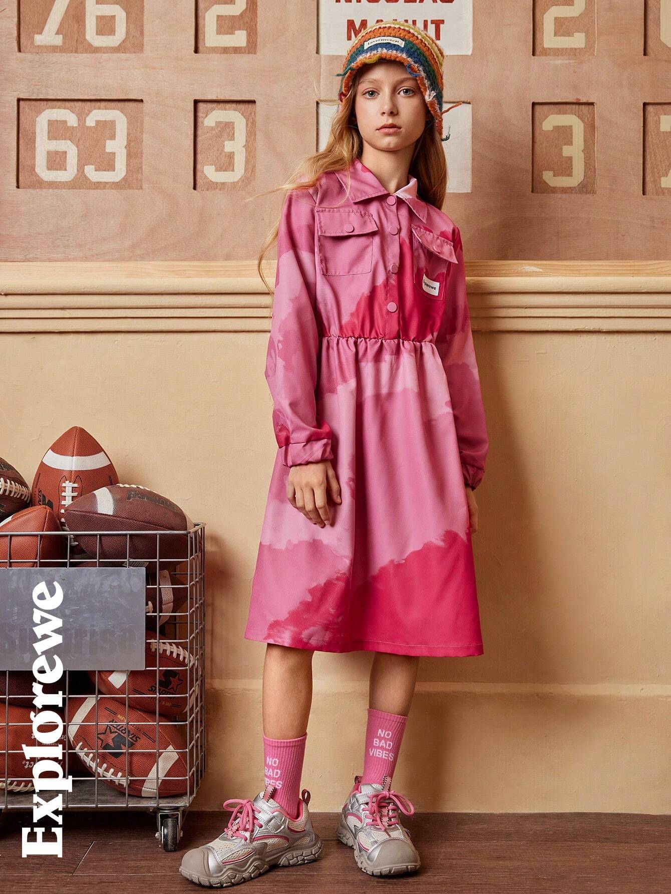 1pc Girls Fashion Digital Printing Pink Casual Flowing Shirt Dress Pink