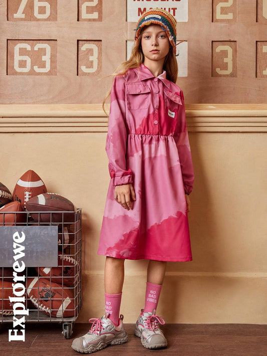1pc Girls Fashion Digital Printing Pink Casual Flowing Shirt Dress Pink