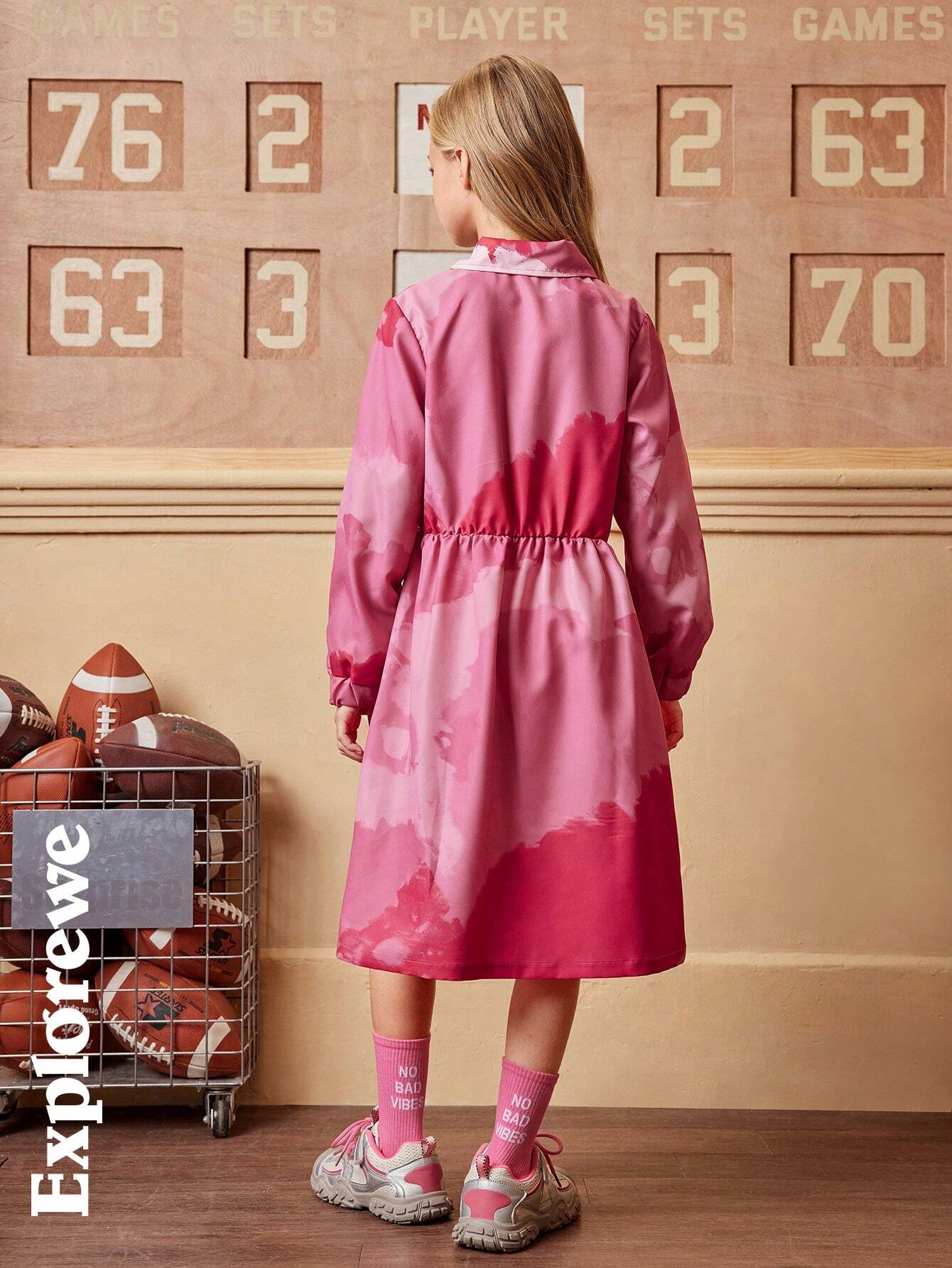 1pc Girls Fashion Digital Printing Pink Casual Flowing Shirt Dress