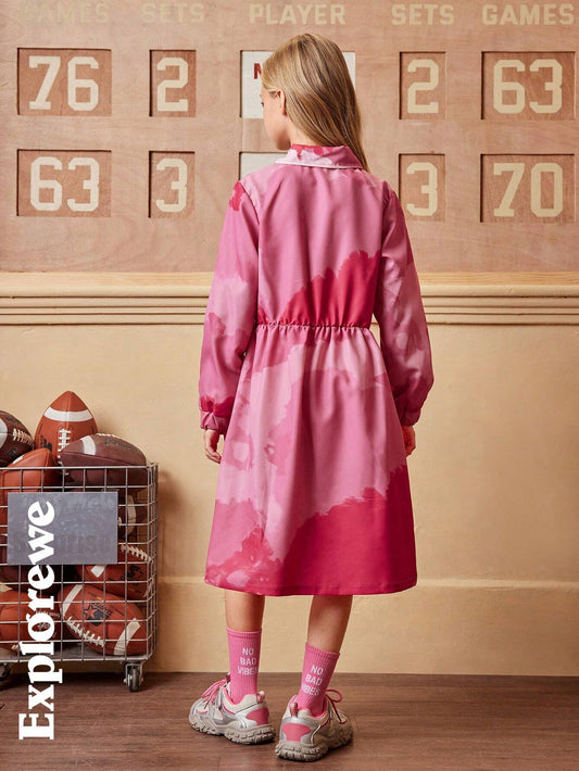 1pc Girls Fashion Digital Printing Pink Casual Flowing Shirt Dress