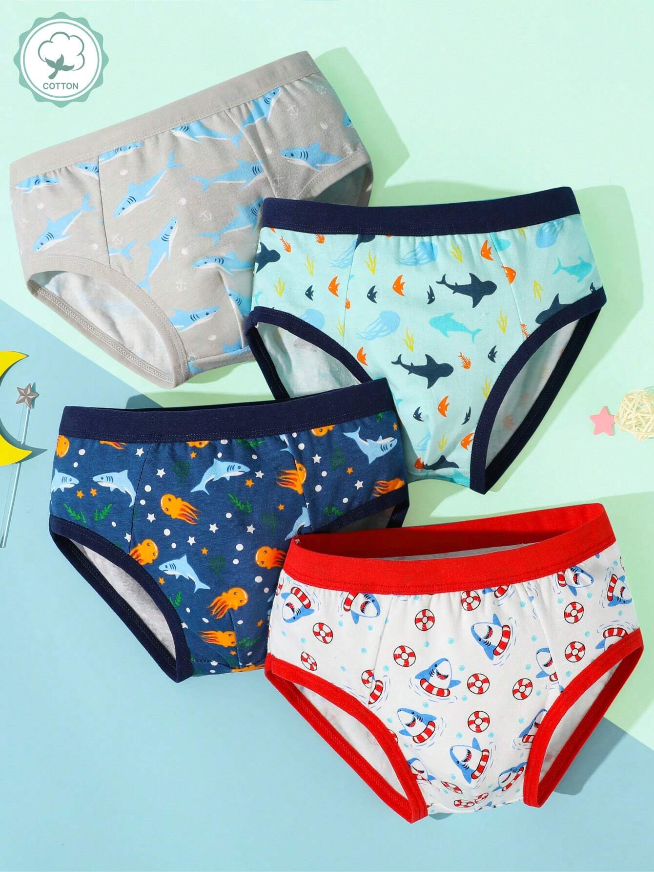Young Boy 4pcs Cartoon Graphic Contrast Binding Brief