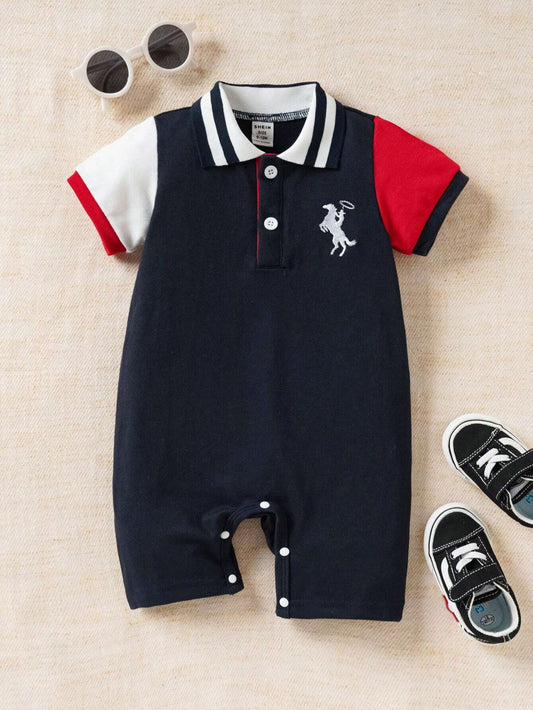 Baby Boy Casual College Style Elegant Daily Wear Embroidered Jumpsuit Royal Blue