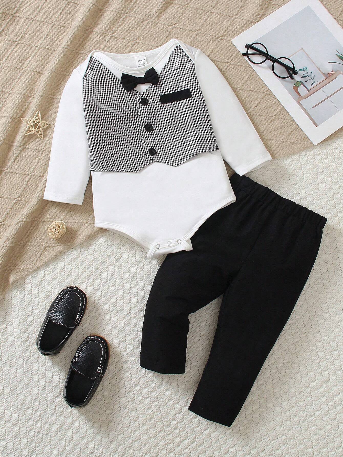 2pcs Infant Gentlemanly 2 In 1 Set, Long Sleeve Top With Plaid Vest & Bow Tie, And Elastic Waist Loose Pants