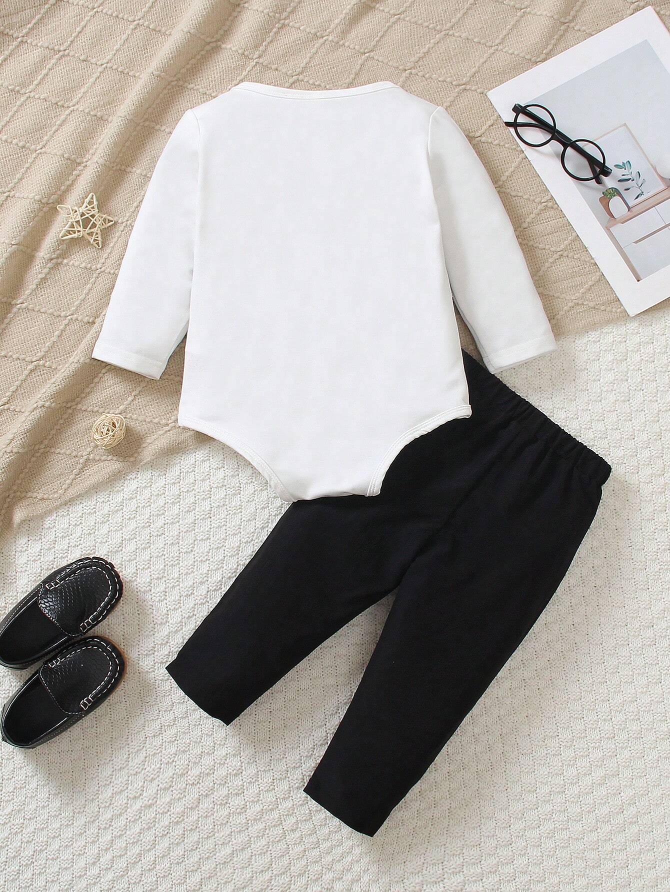2pcs Infant Gentlemanly 2 In 1 Set, Long Sleeve Top With Plaid Vest & Bow Tie, And Elastic Waist Loose Pants