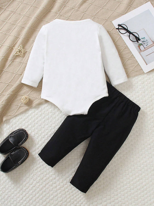 2pcs Infant Gentlemanly 2 In 1 Set, Long Sleeve Top With Plaid Vest & Bow Tie, And Elastic Waist Loose Pants