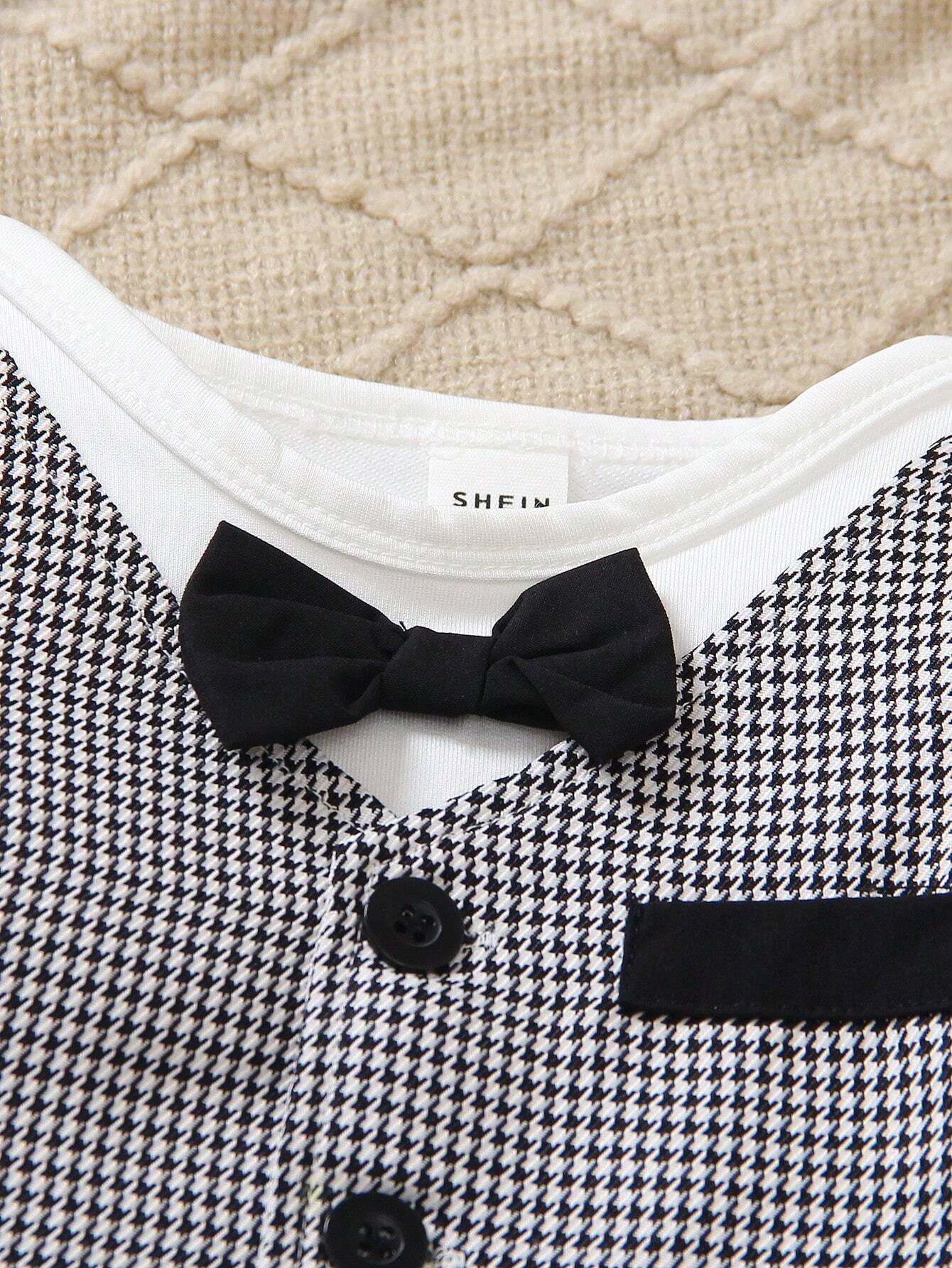 2pcs Infant Gentlemanly 2 In 1 Set, Long Sleeve Top With Plaid Vest & Bow Tie, And Elastic Waist Loose Pants