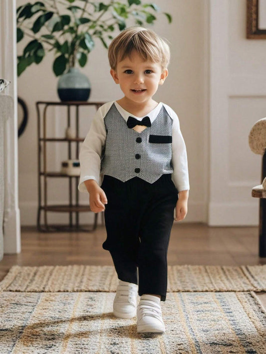 2pcs Infant Gentlemanly 2 In 1 Set, Long Sleeve Top With Plaid Vest & Bow Tie, And Elastic Waist Loose Pants Multicolor