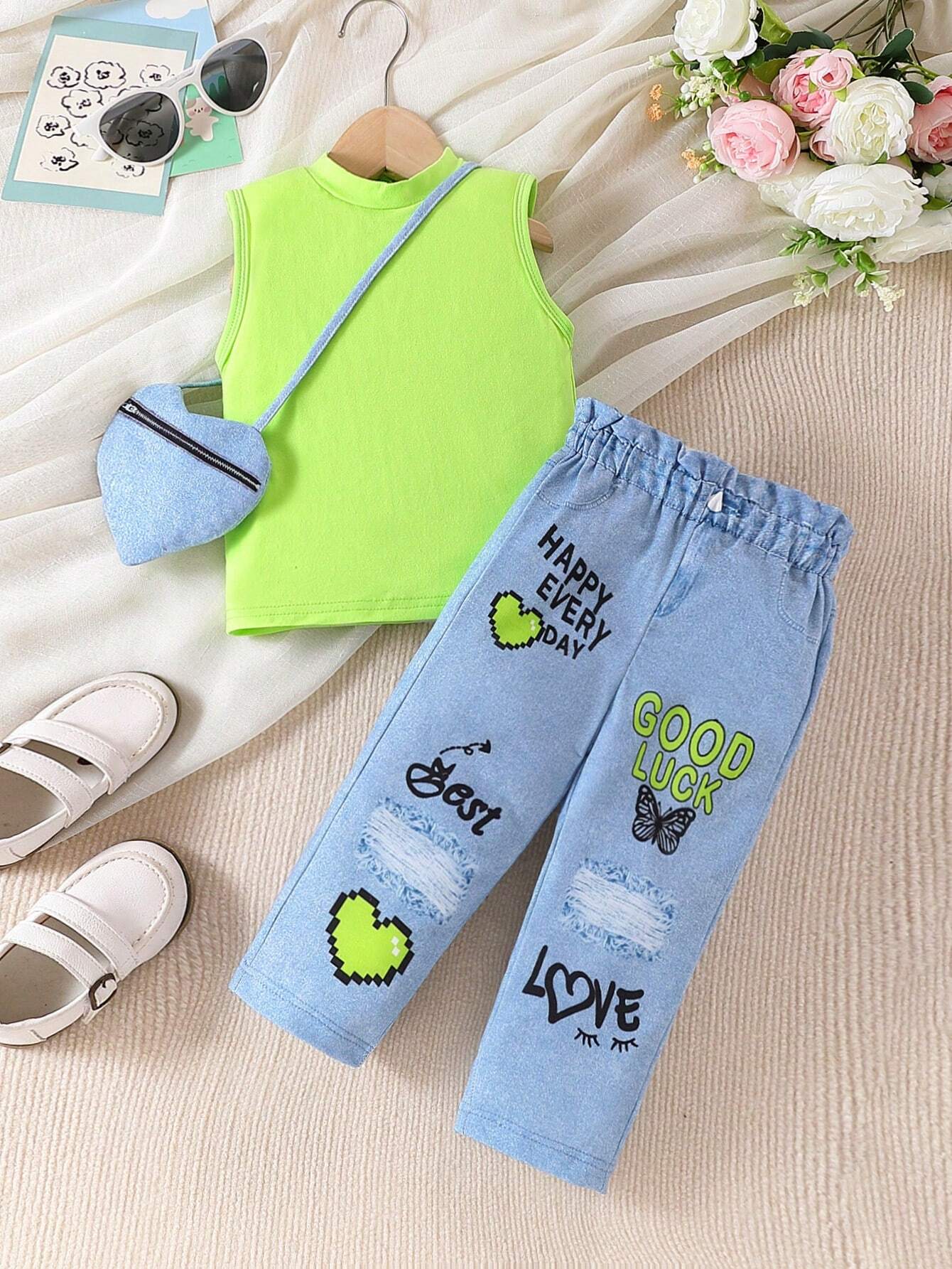 3pcs Baby Girls' Summer Denim Printed Outfit Multicolor