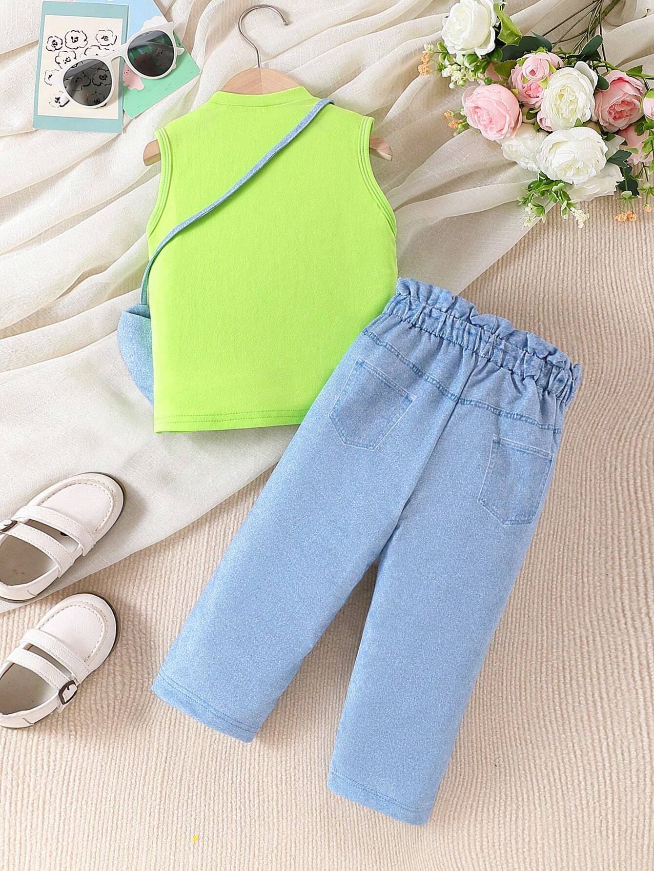 3pcs Baby Girls' Summer Denim Printed Outfit