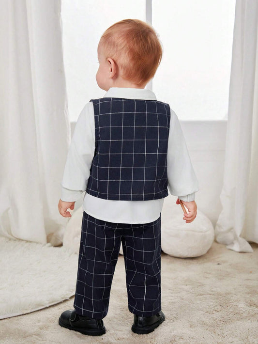 4pcs Baby Boy Plaid Vest, Elastic Waist Pants, Collared Shirt & Bow Tie Set