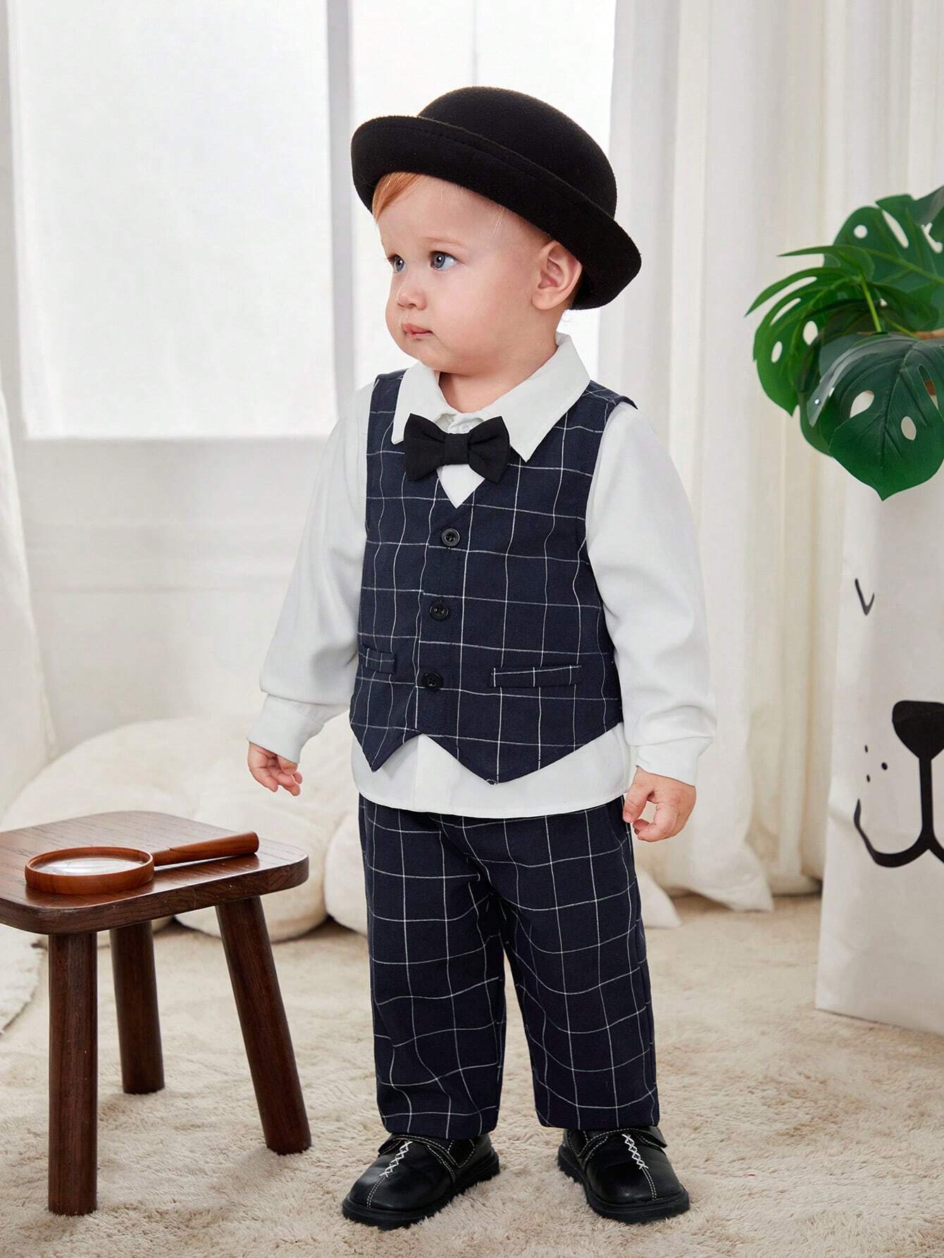 4pcs Baby Boy Plaid Vest, Elastic Waist Pants, Collared Shirt & Bow Tie Set