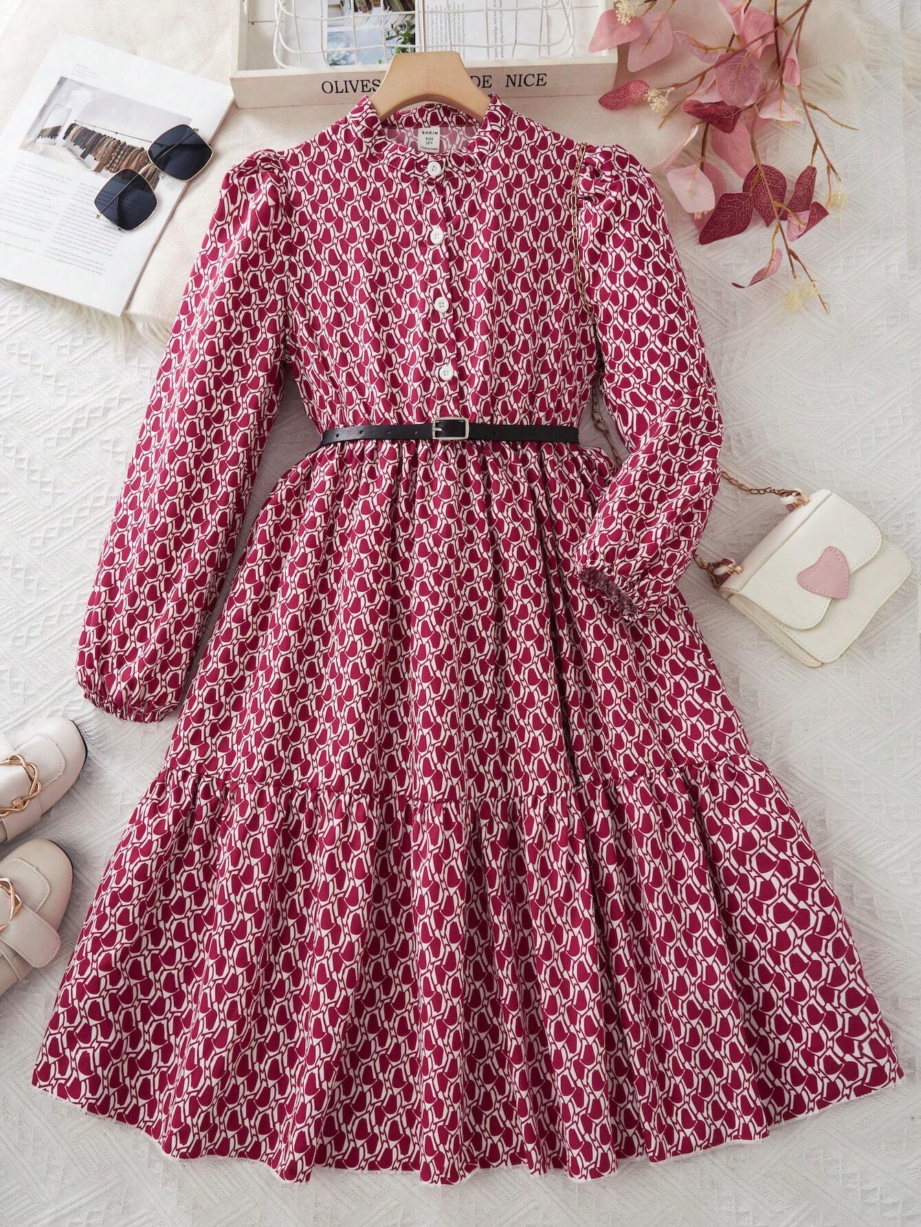 Tween Girl Ditsy Floral Puff Sleeve Long Sleeve Holiday Dress Without Belt Multicolor 3