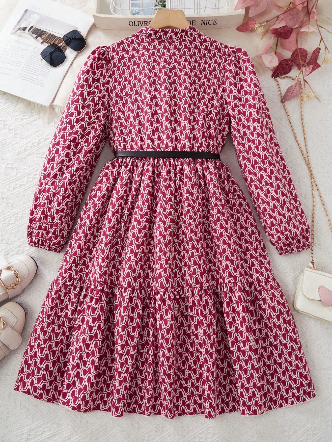 Tween Girl Ditsy Floral Puff Sleeve Long Sleeve Holiday Dress Without Belt