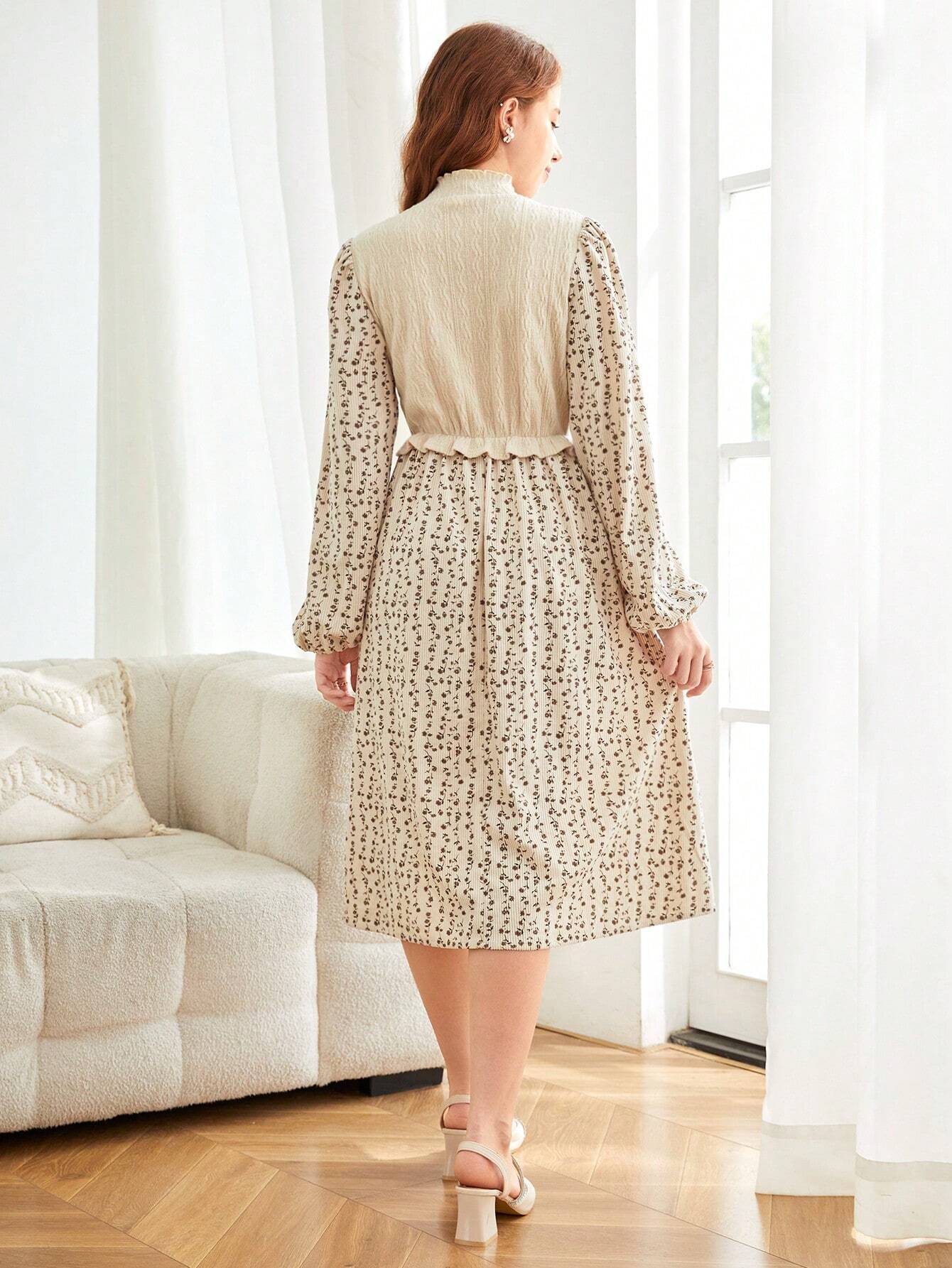 Teen Girl Brown Knitted Solid Color Jacquard Patchwork Floral Long Dress