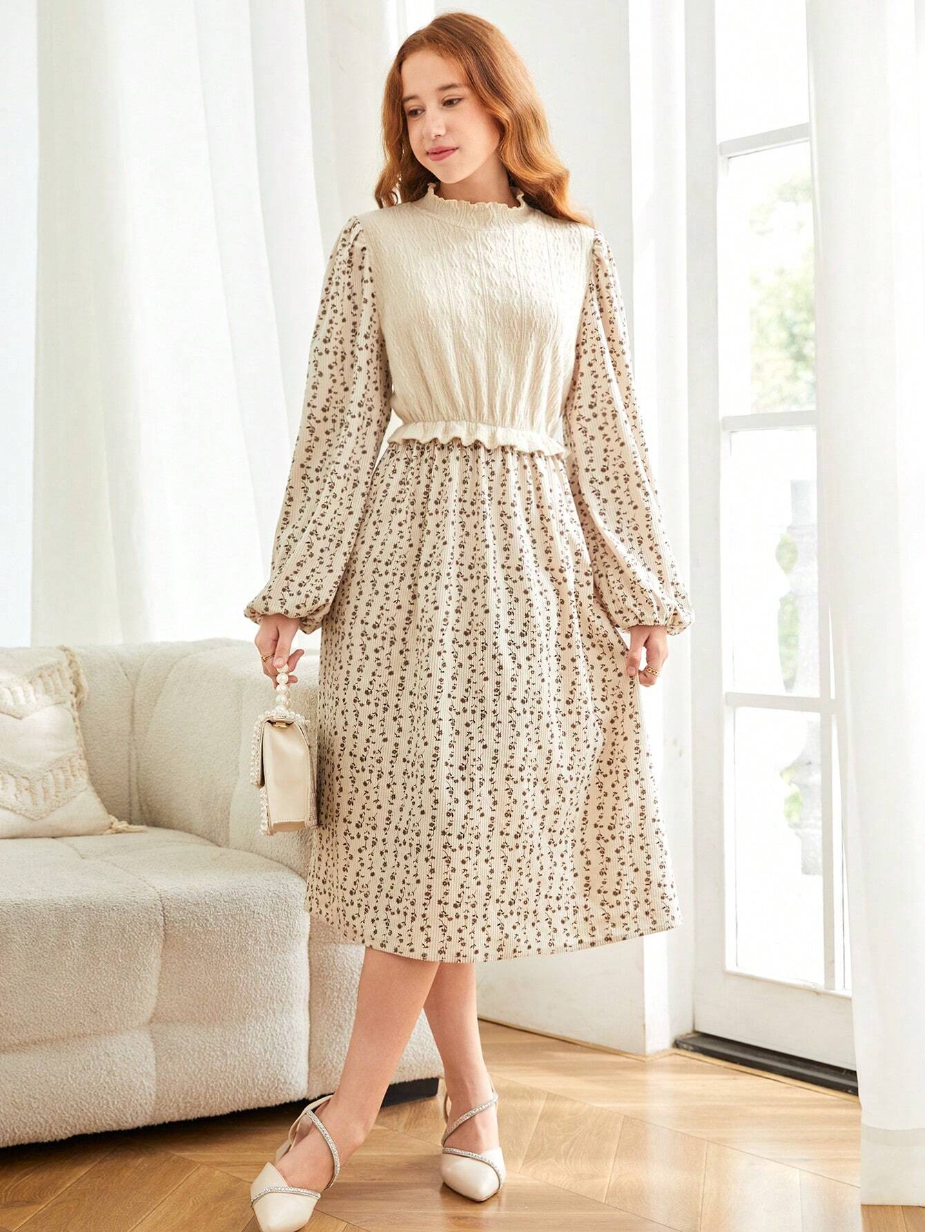 Teen Girl Brown Knitted Solid Color Jacquard Patchwork Floral Long Dress