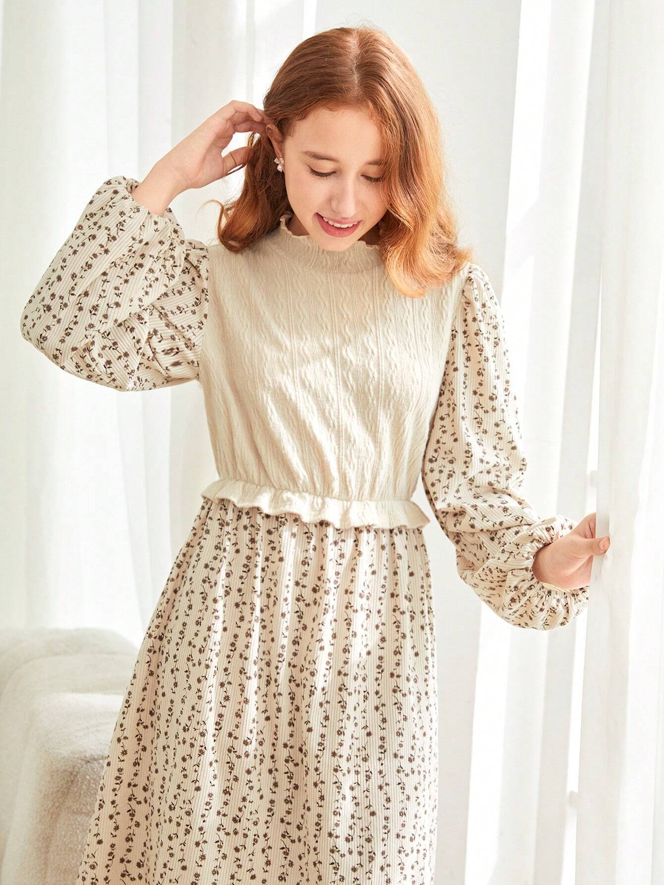 Teen Girl Brown Knitted Solid Color Jacquard Patchwork Floral Long Dress