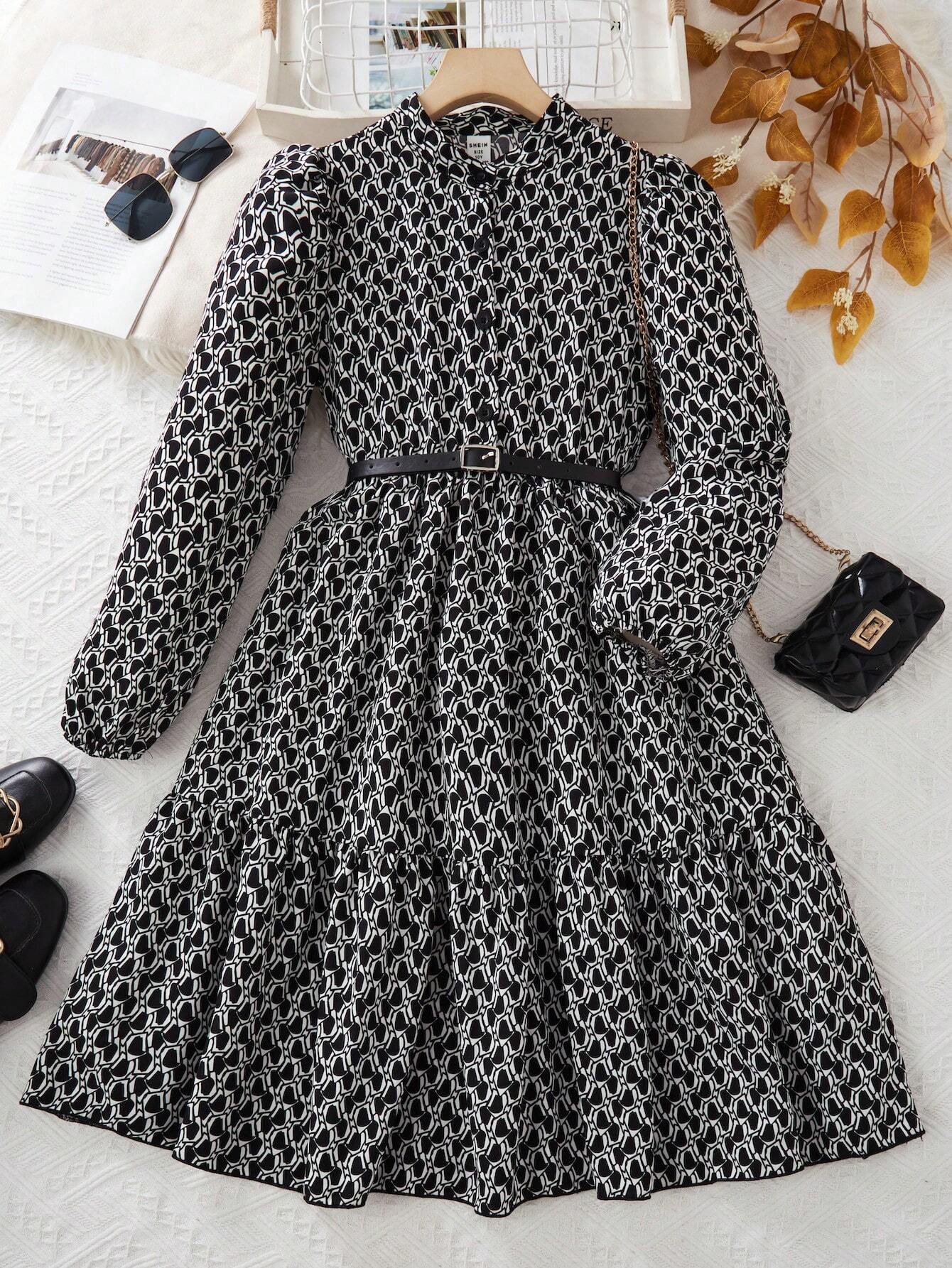 Tween Girl Ditsy Floral Puff Sleeve Long Sleeve Holiday Dress Without Belt Multicolor