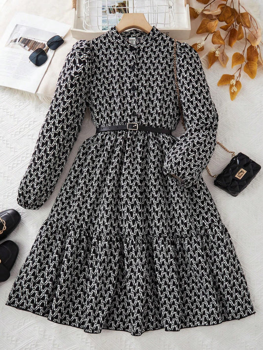 Tween Girl Ditsy Floral Puff Sleeve Long Sleeve Holiday Dress Without Belt Multicolor