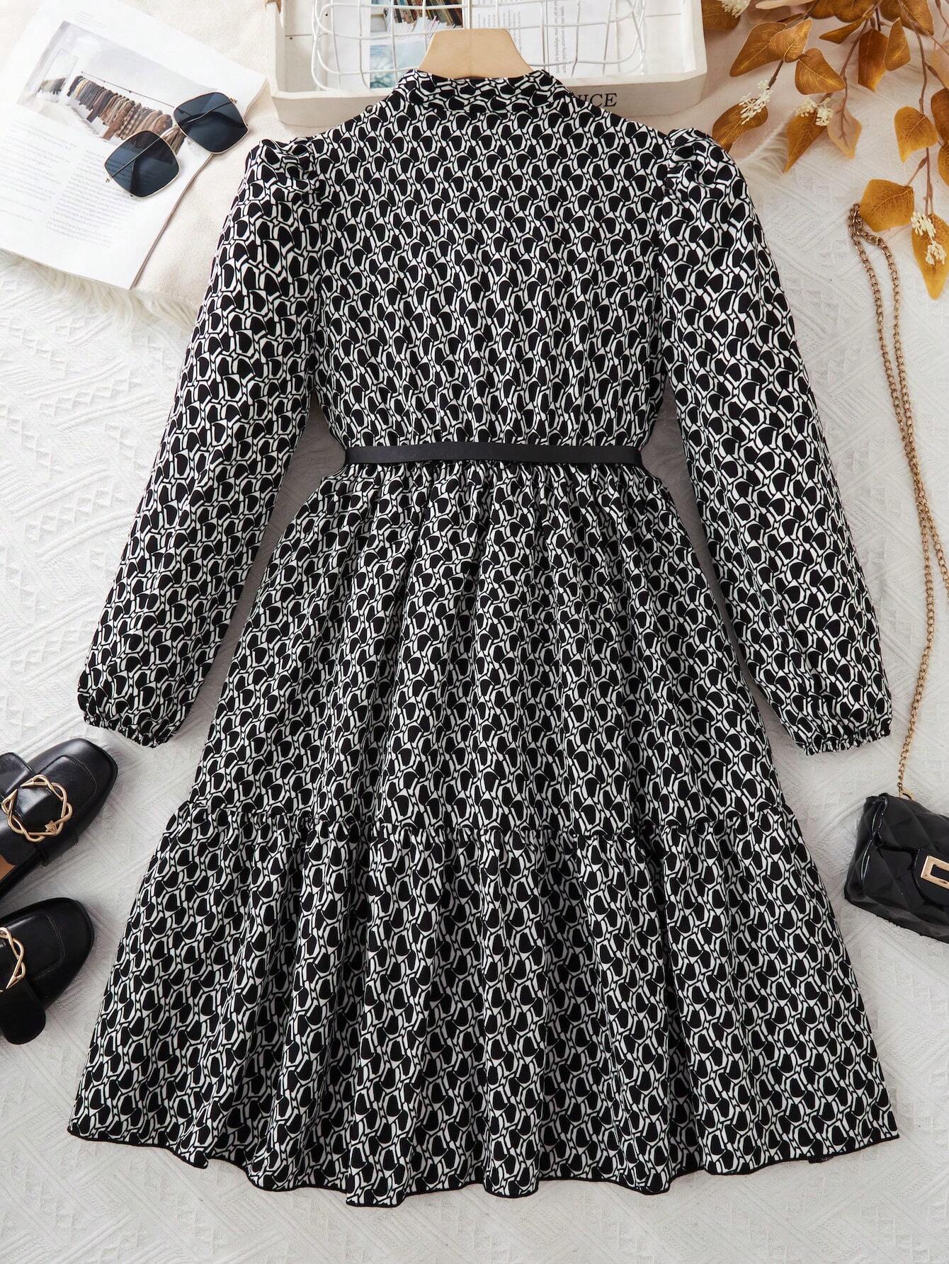 Tween Girl Ditsy Floral Puff Sleeve Long Sleeve Holiday Dress Without Belt