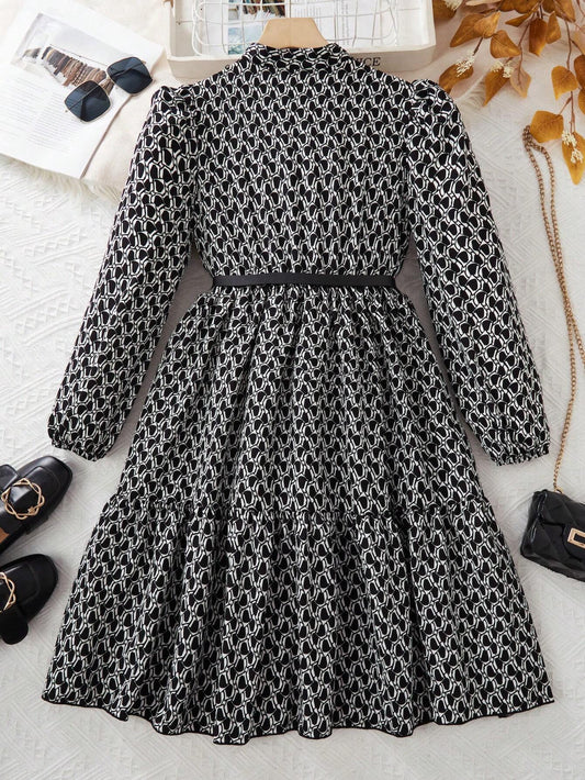 Tween Girl Ditsy Floral Puff Sleeve Long Sleeve Holiday Dress Without Belt