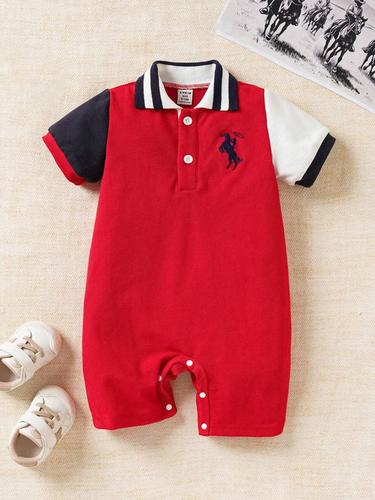 Baby Boys' Casual, Elegant, Everyday Wear, Embroidered Collar, Short Sleeve Romper Red