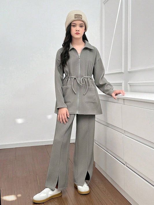 2pcs/Set Tween Girl Casual Turndown Collar Cinched Waist Long Sleeve Shirt & Pants Outfit Grey