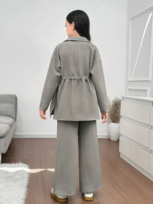 2pcs/Set Tween Girl Casual Turndown Collar Cinched Waist Long Sleeve Shirt & Pants Outfit