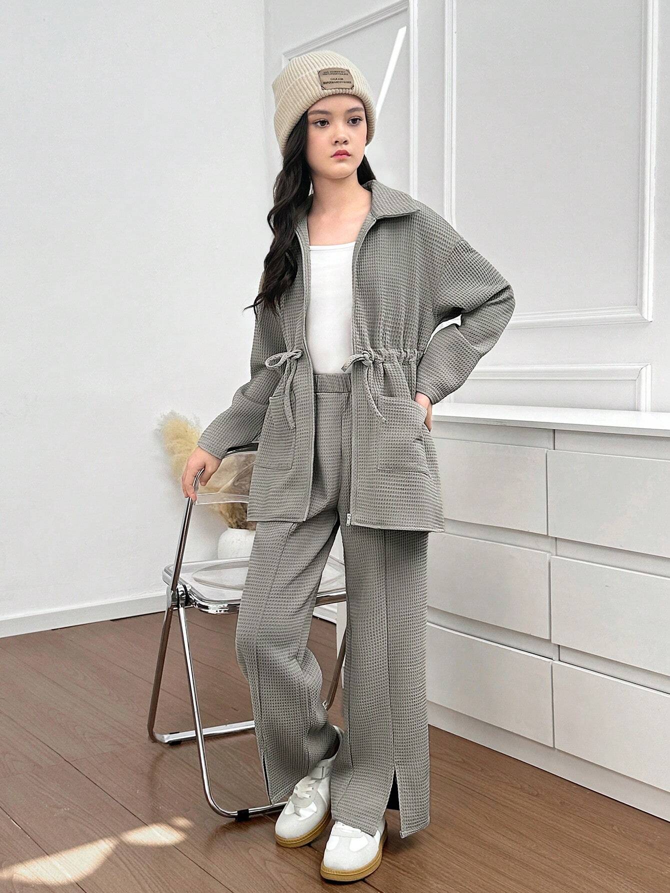 2pcs/Set Tween Girl Casual Turndown Collar Cinched Waist Long Sleeve Shirt & Pants Outfit