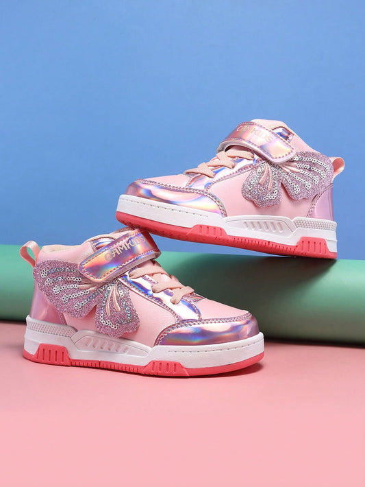 1 Pair Girls Sweet Butterfly Embroidery Princess Style High-Top Canvas Shoes Pink