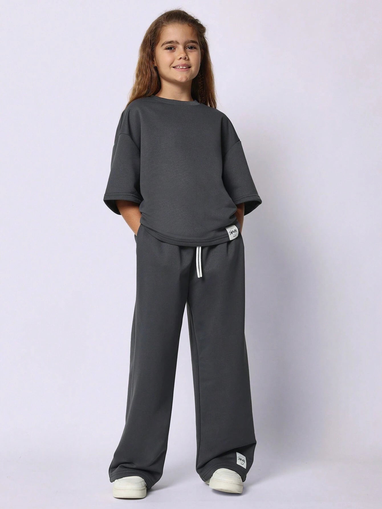 Tween Girls Oversized Fit Tee With Joggers 2 Piece Set Dark Grey