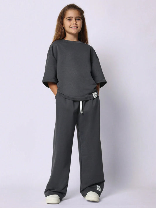 Tween Girls Oversized Fit Tee With Joggers 2 Piece Set Dark Grey