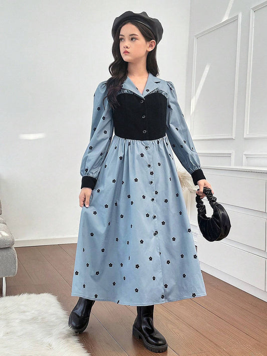 Tween Girls Casual Patchwork Colorblock Floral Print Long Sleeve Dress Blue