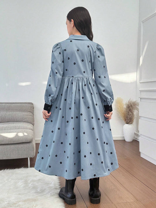 Tween Girls Casual Patchwork Colorblock Floral Print Long Sleeve Dress