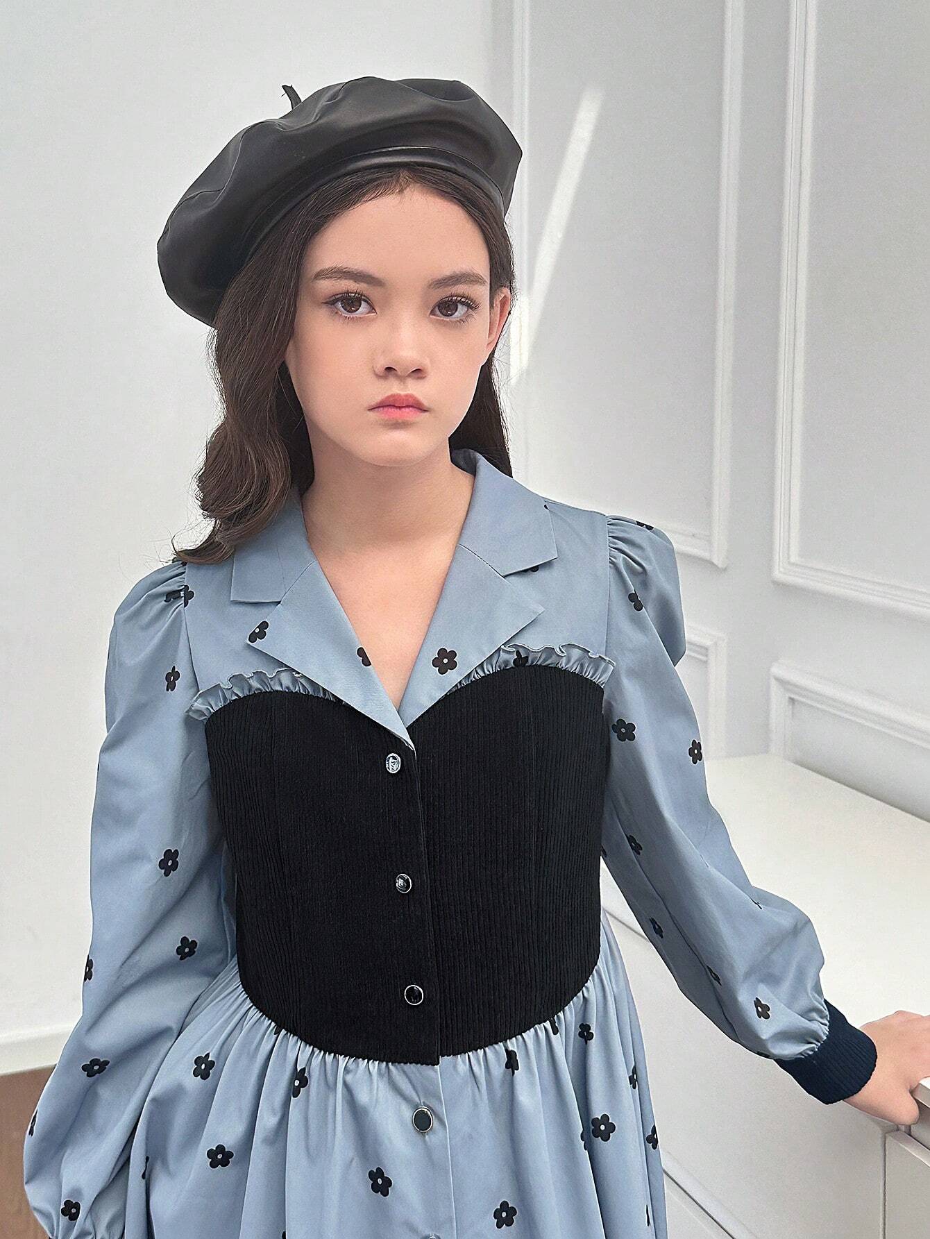 Tween Girls Casual Patchwork Colorblock Floral Print Long Sleeve Dress