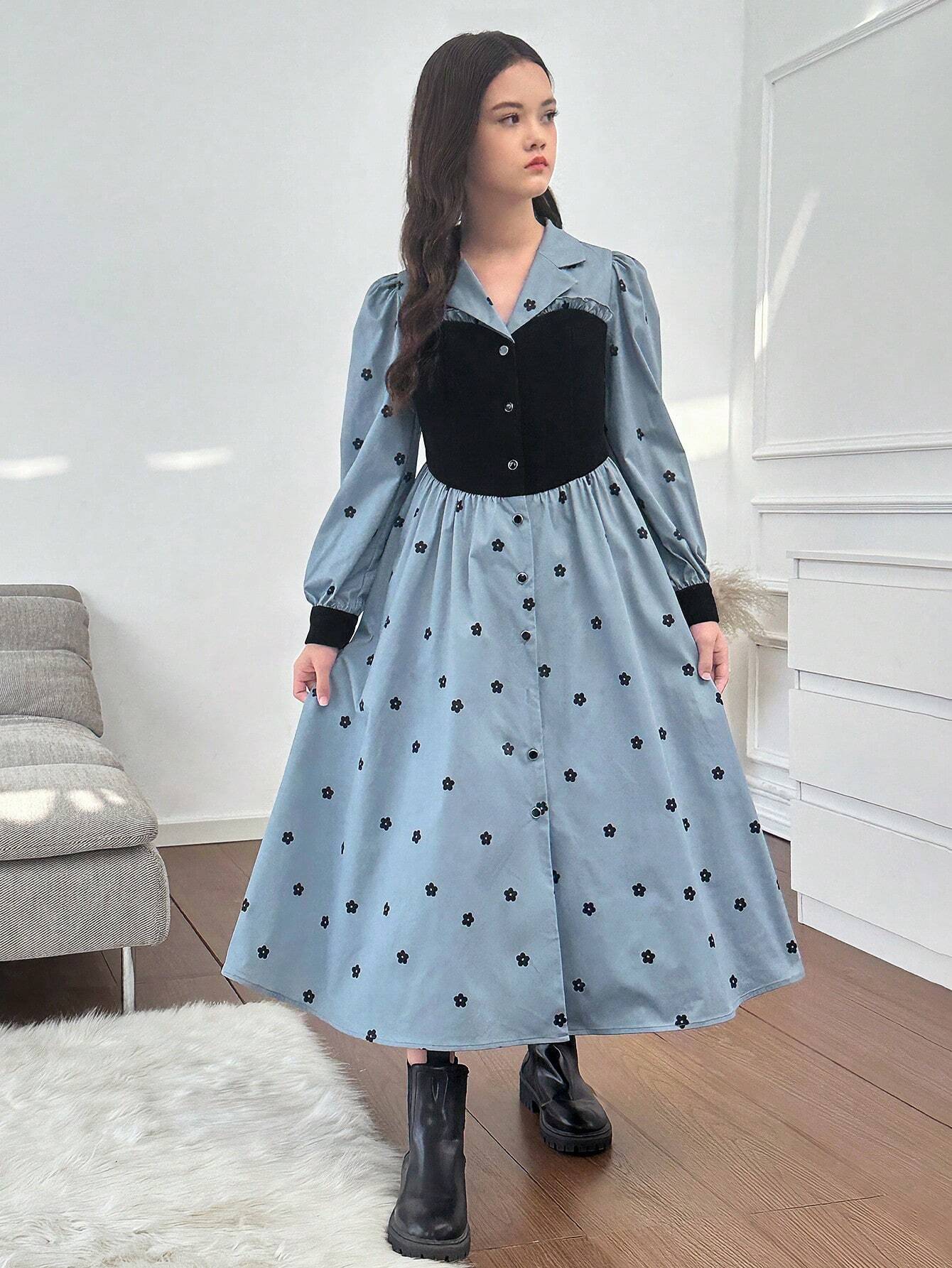 Tween Girls Casual Patchwork Colorblock Floral Print Long Sleeve Dress