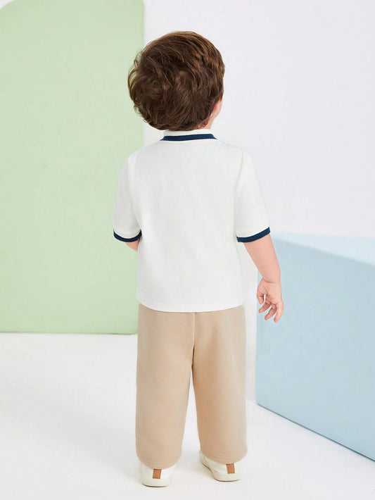 2pcs Baby Boy Cartoon Taz Badge Print Casual Preppy Style Polo Shirt With Pants