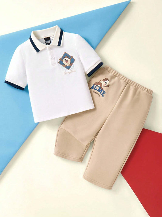 2pcs Baby Boy Cartoon Taz Badge Print Casual Preppy Style Polo Shirt With Pants Khaki