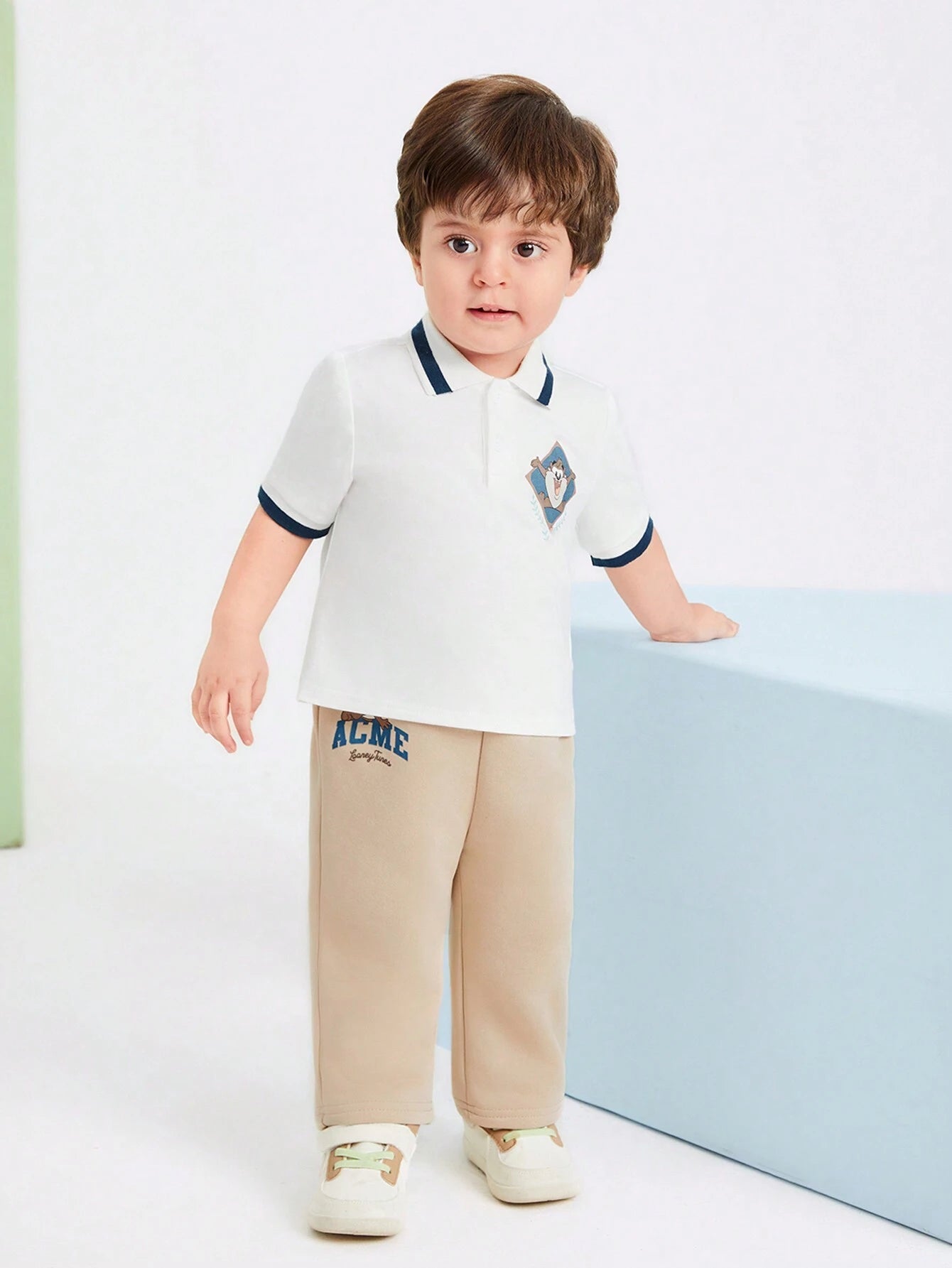 2pcs Baby Boy Cartoon Taz Badge Print Casual Preppy Style Polo Shirt With Pants