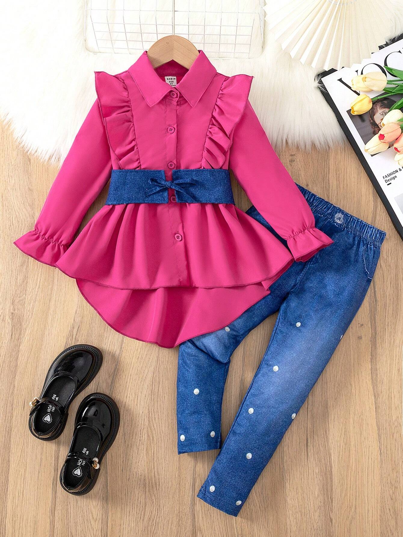 2pcs/Set Little Girls Trendy Stylish Solid Color Lapel Long Sleeve Shirt Blouse + Comfy Slim Fit Pants Hot Pink