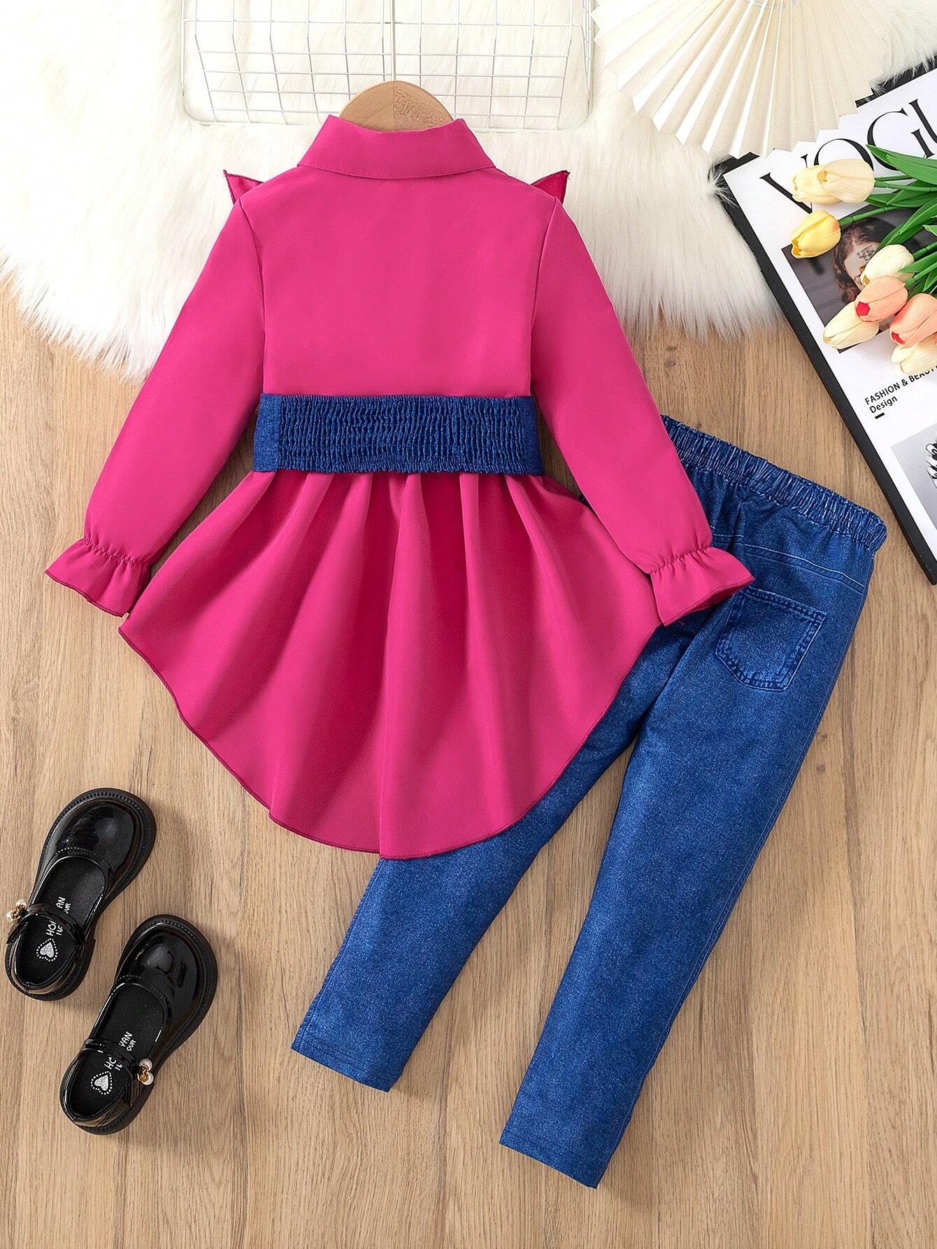 2pcs/Set Little Girls Trendy Stylish Solid Color Lapel Long Sleeve Shirt Blouse + Comfy Slim Fit Pants