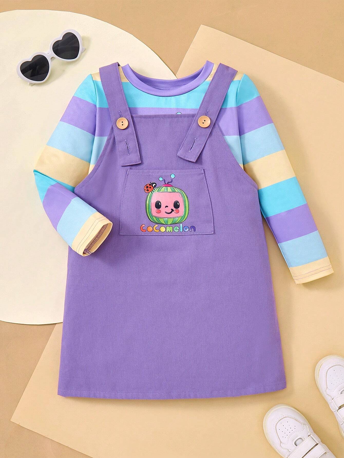 Young Girl Cartoon Sweet Casual 2pcs Set T-Shirt & Colorful Striped Outfit