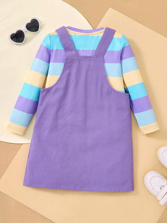 Young Girl Cartoon Sweet Casual 2pcs Set T-Shirt & Colorful Striped Outfit