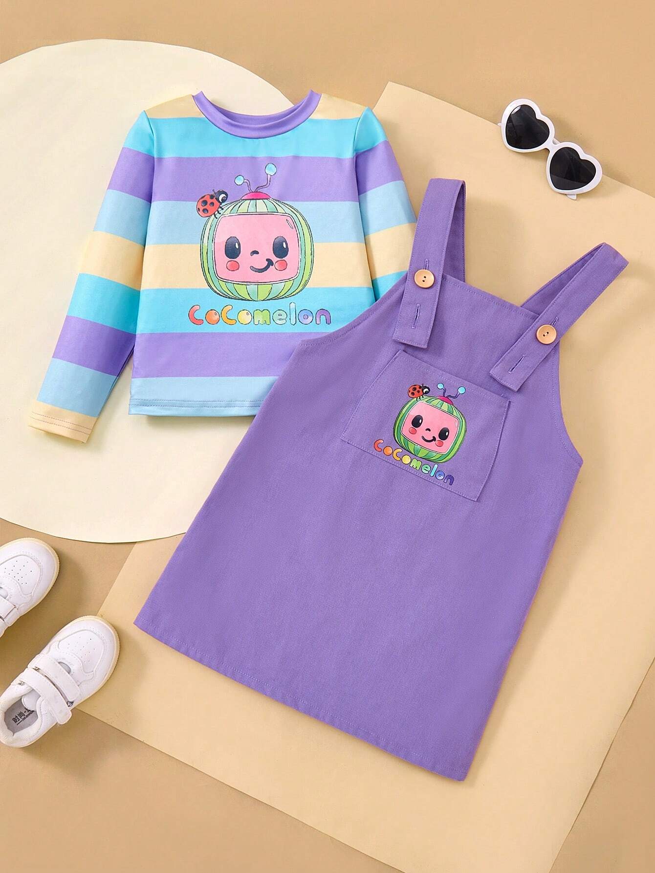 Young Girl Cartoon Sweet Casual 2pcs Set T-Shirt & Colorful Striped Outfit Multicolor