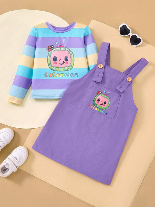 Young Girl Cartoon Sweet Casual 2pcs Set T-Shirt & Colorful Striped Outfit Multicolor