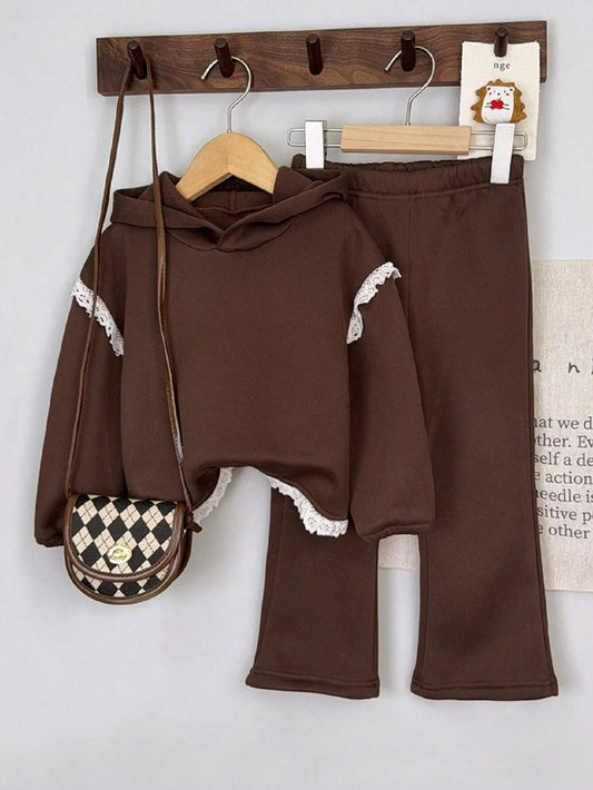 2pcs/Set Young Girls Hooded Floral Patchwork Thermal Lined Sweatshirt And Pants Coffee Brown 5Y