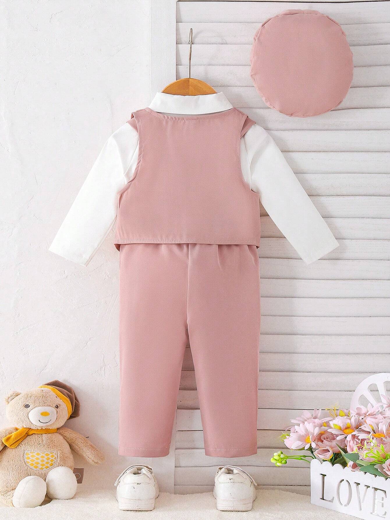 Multiple Pieces Baby Boy's Gentleman Style Buttoned Shirt With Bowtie, Suspender & Long Pants