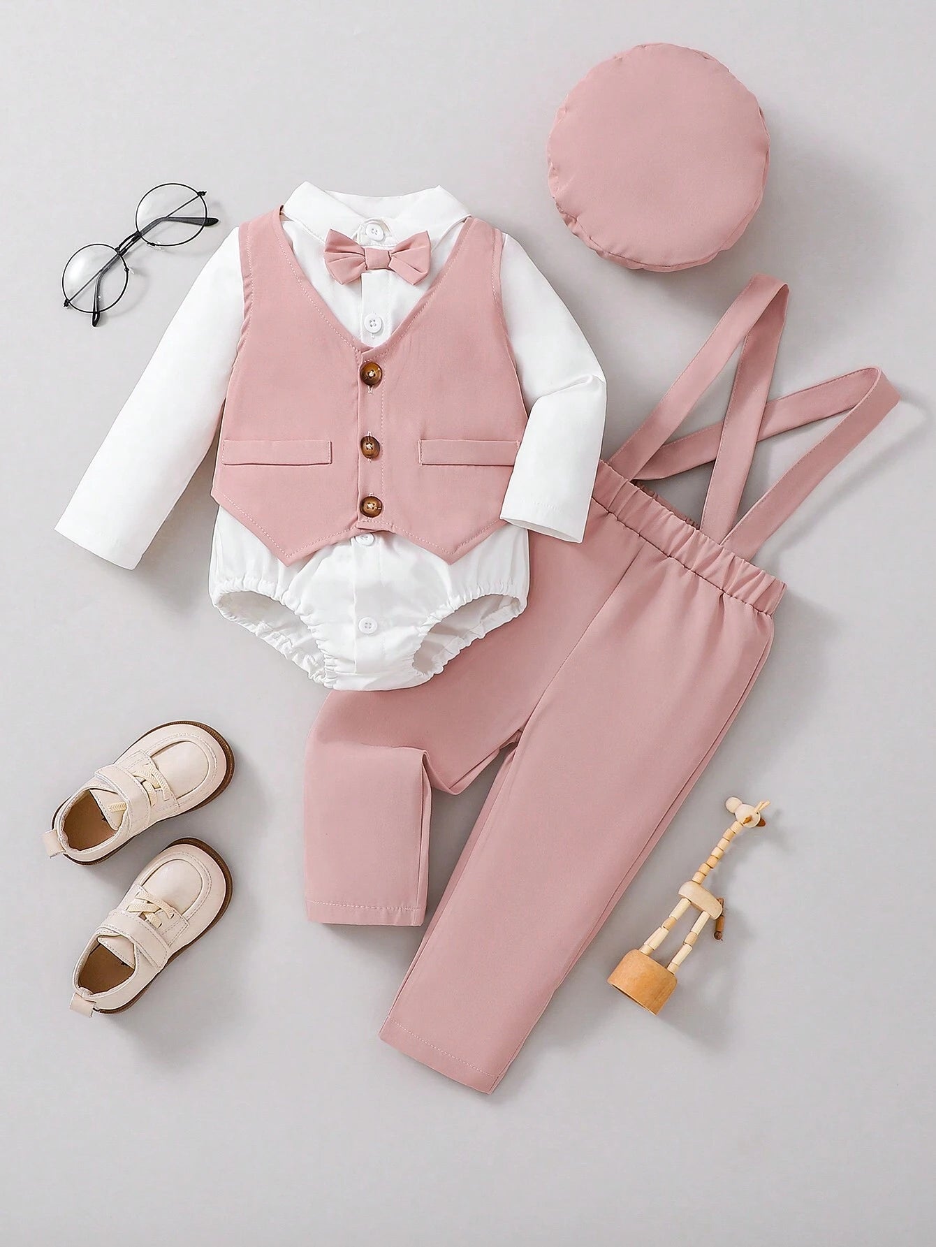 Multiple Pieces Baby Boy's Gentleman Style Buttoned Shirt With Bowtie, Suspender & Long Pants Dusty Pink